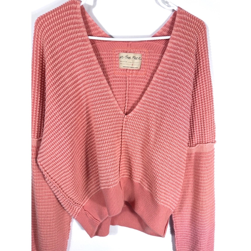 Free People Slouchy Boho Oversized V-Neck Waffle Knit Sweater Coral Pink Size S